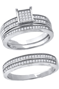 925 Sterling Silver His & Hers Cubic-Zirconia Square Head Trio Ring Set Size 6