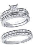 925 Sterling Silver His & Hers Cubic-Zirconia Square Head Trio Ring Set Size 7