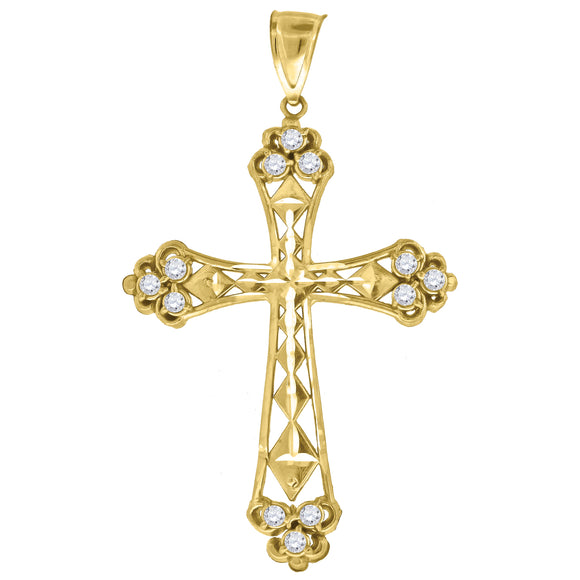 10kt Yellow Gold Diamond-cut Cubic-zirconia Unisex Cross Ht:66.1mm x W:40mm Religious Charm Pendant