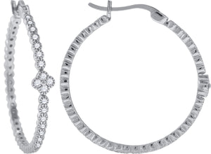 925 Sterling Silver Womens Cubic Zirconia Flower Center Single Row Huggie Hoop Earrings