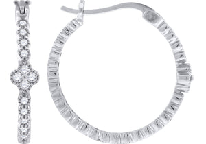 925 Sterling Silver Womens Cubic Zirconia Flower Center Single Row Huggie Hoop Earrings