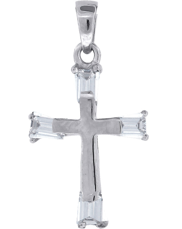 925 Sterling Silver Unisex CZ Baguette Cross Religious Charm Pendant