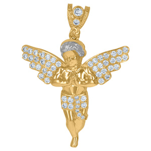 10KT Two-Tone Gold Mens Cubic Zirconia Praying Angel Religious Charm Pendant