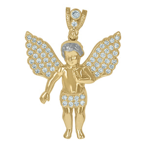 10KT Two-Tone Gold Mens Cubic Zirconia Angel Religious Charm Pendant