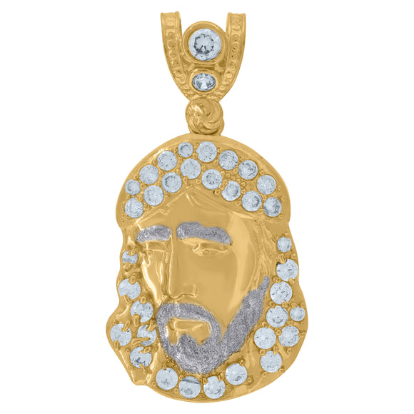 10KT Two-Tone Gold Mens Cubic Zirconia Jesus Religious Charm Pendant