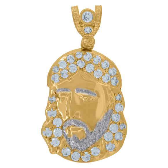 10KT Two-Tone Gold Mens Cubic Zirconia Jesus Religious Charm Pendant