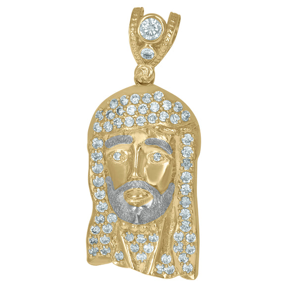 10KT Two-Tone Gold Mens Cubic Zirconia Jesus Religious Charm Pendant