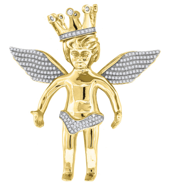 925 Sterling Silver Yellow-tone Mens Cubic Zirconia Religious Angel Crown Charm Pendant