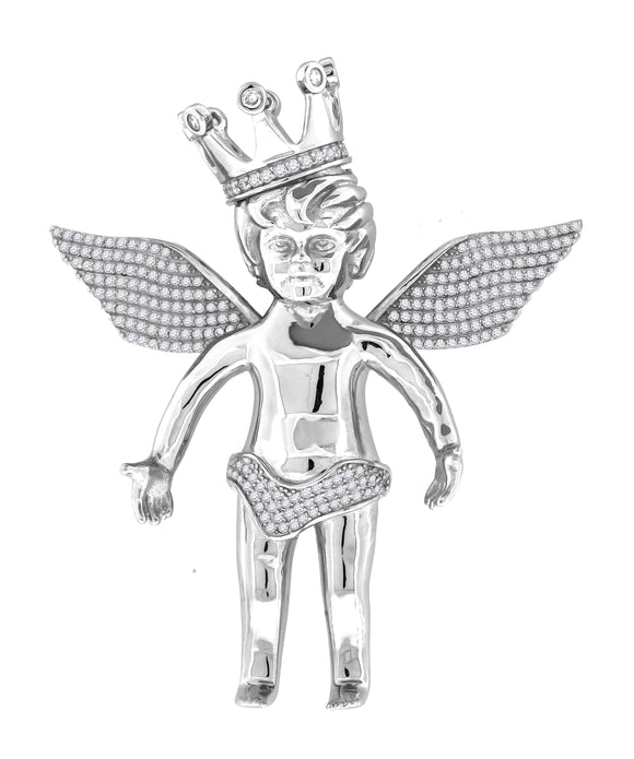 925 Sterling Silver Mens Cubic Zirconia Religious Angel Crown Charm Pendant