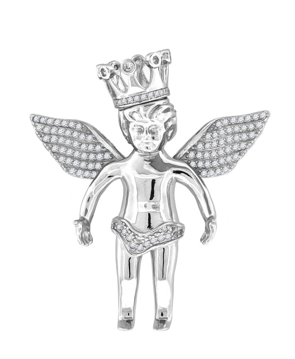 925 Sterling Silver Mens Cubic Zirconia Religious Angel Crown Charm Pendant