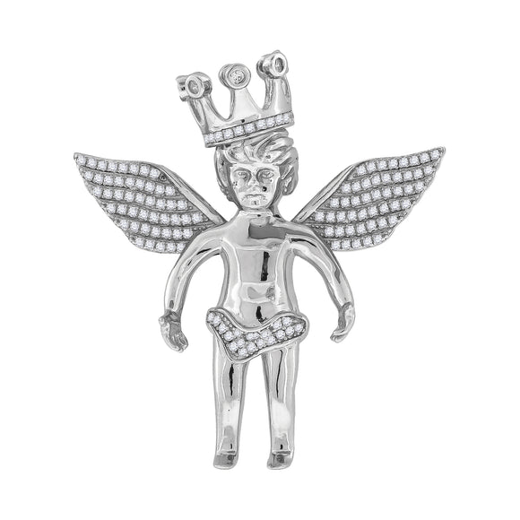 925 Sterling Silver Mens Cubic Zirconia Religious Angel Crown Charm Pendant