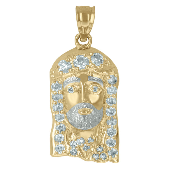 10KT Two-Tone Gold Mens Cubic Zirconia Jesus Religious Charm Pendant