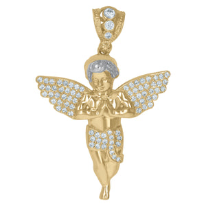 10KT Two-Tone Gold Mens Cubic Zirconia Praying Angel Religious Charm Pendant