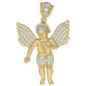 10KT Two-Tone Gold Mens Cubic Zirconia Angel Religious Charm Pendant