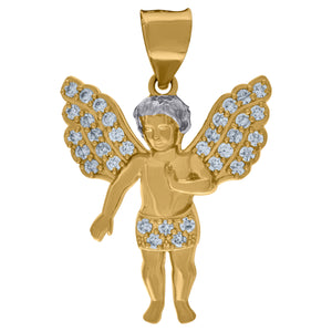 10KT Two-Tone Gold Mens Cubic Zirconia Angel Religious Charm Pendant