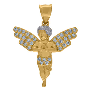 10KT Two-Tone Gold Mens Cubic Zirconia Praying Angel Religious Charm Pendant