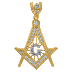 10KT Two-Tone Gold Mens Cubic Zirconia Masonic Freemasonry Occupation Charm Pendant