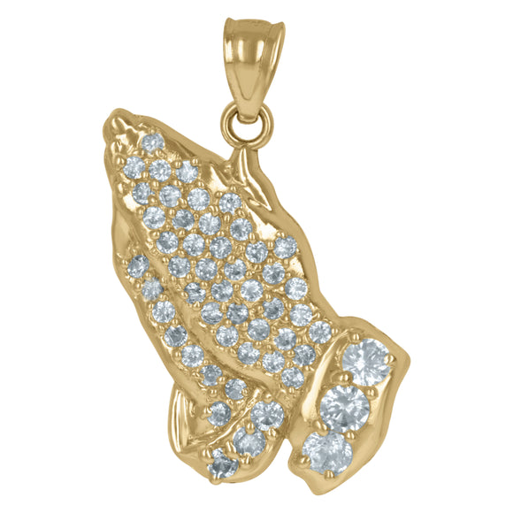 10KT Yellow Gold Mens Cubic Zirconia Praying Hands Religious Charm Pendant
