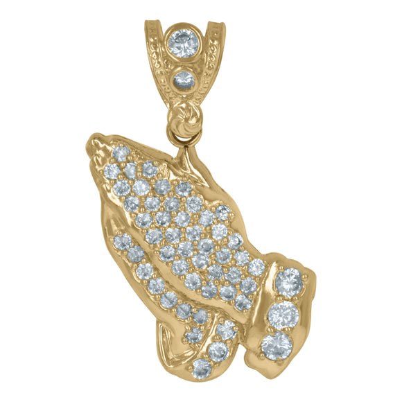 10KT Yellow Gold Mens Cubic Zirconia Praying Hands Religious Charm Pendant
