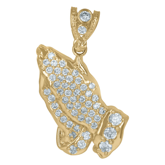 10KT Yellow Gold Mens Cubic Zirconia Praying Hands Religious Charm Pendant