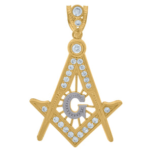 10KT Two-Tone Gold Mens Cubic Zirconia Masonic Freemasonry Occupation Charm Pendant