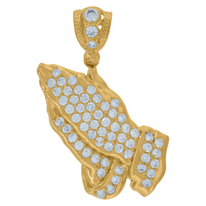 10KT Yellow Gold Mens Cubic Zirconia Praying Hands Religious Charm Pendant