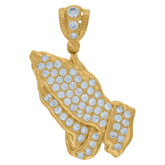 10KT Yellow Gold Mens Cubic Zirconia Praying Hands Religious Charm Pendant