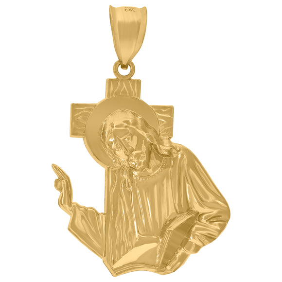 10KT Yellow Gold Mens Jesus Holding Crucifix & Bible Religious Charm Pendant