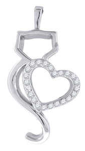 925 Sterling Silver Womens Cubic Zirconia Animal Cat With Heart Charm Pendant