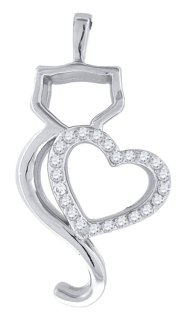 925 Sterling Silver Womens Cubic Zirconia Animal Cat With Heart Charm Pendant