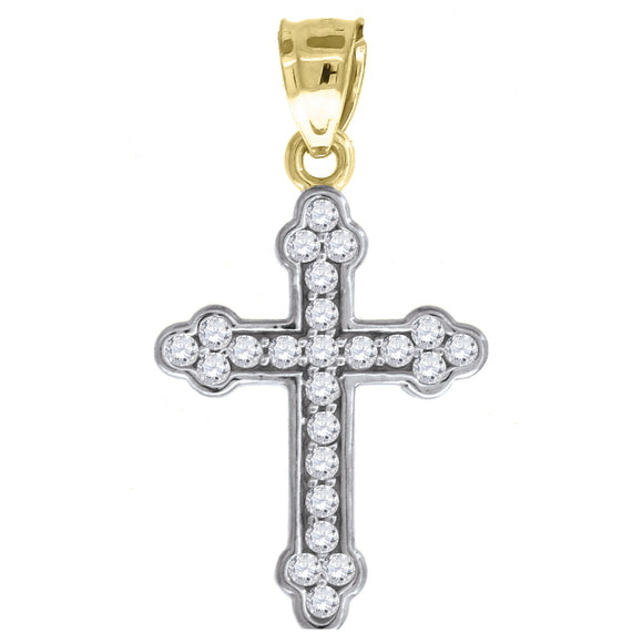 10kt Two-tone Gold Mens Women Cubic Zirconia Cubic-zirconia Budded Cross Religious Charm Pendant