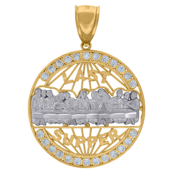 10kt Gold Two-tone Cubic-zirconia Diamond-cut Mens Last Supper Ht:43.1mm x W:31.4mm Religious Charm Pendant