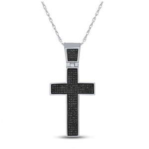 Sterling Silver Mens Round Black Color Enhanced Diamond Cross Charm Pendant 1/2 Cttw
