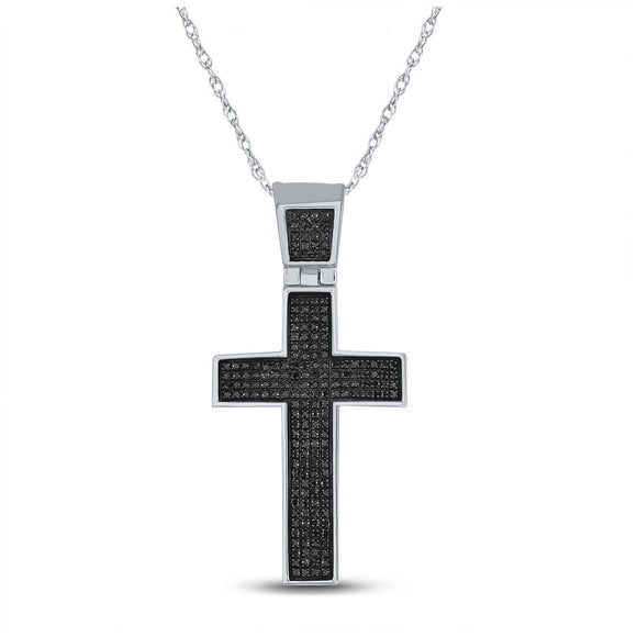 Sterling Silver Mens Round Black Color Enhanced Diamond Cross Charm Pendant 1/2 Cttw