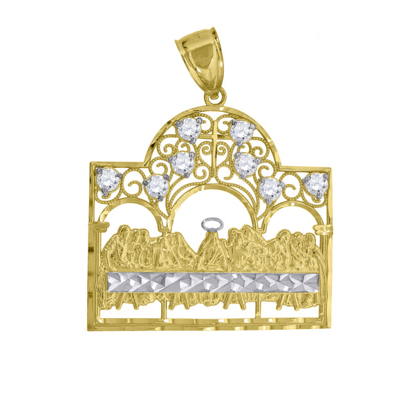 10KT Two-Tone Gold Mens Cubic Zirconia Last Supper Religious Charm Pendant