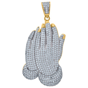 925 Sterling Silver Yellow-tone Mens Cubic Zirconia Religious Praying Hands Charm Pendant