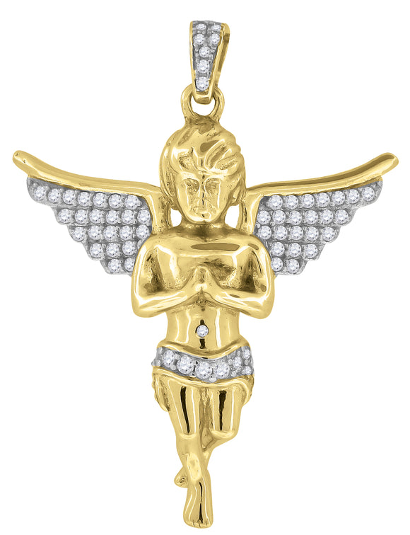 925 Sterling Silver Yellow-tone Mens Cubic Zirconia Religious Praying Angel Charm Pendant