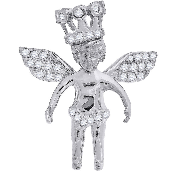 925 Sterling Silver Mens Cubic Zirconia Religious Angel Crown Charm Pendant