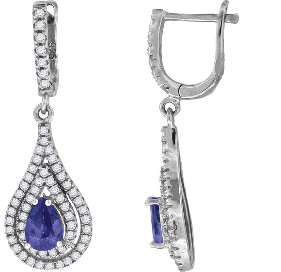 925 Sterling Silver Womens Blue Cubic Zirconia Tear Drop Dangle Earrings