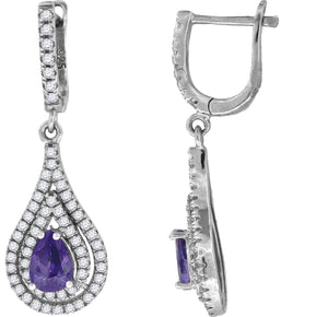 925 Sterling Silver Womens Purple Cubic Zirconia Tear Drop Dangle Earrings