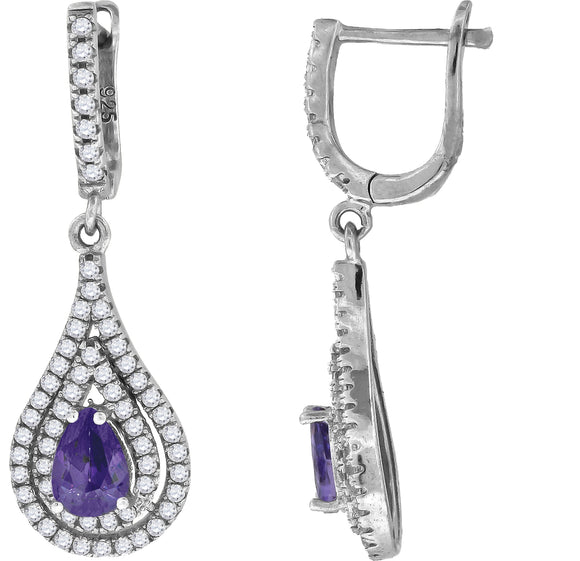925 Sterling Silver Womens Purple Cubic Zirconia Tear Drop Dangle Earrings