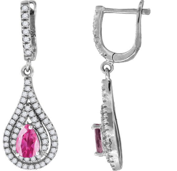 925 Sterling Silver Womens Pink Cubic Zirconia Tear Drop Dangle Earrings
