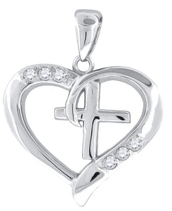925 Sterling Silver Womens Cubic-Zirconia Cross Heart Charm Pendant