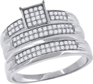 925 Sterling Silver His & Hers Cubic-Zirconia Square Head Trio Ring Set Size 6