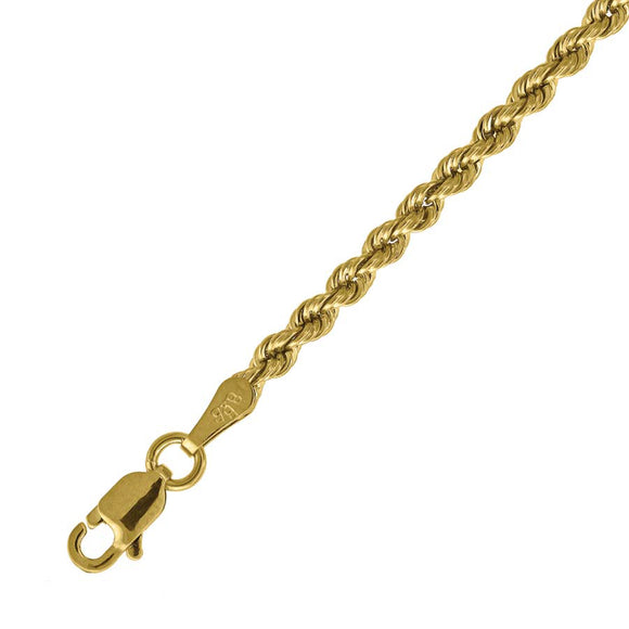 10kt Yellow Gold Mens Hollow Rope Anklet 2.5mm 10