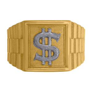 10kt Two-tone Gold Mens Textured Dollar Sign Square Head Ring 