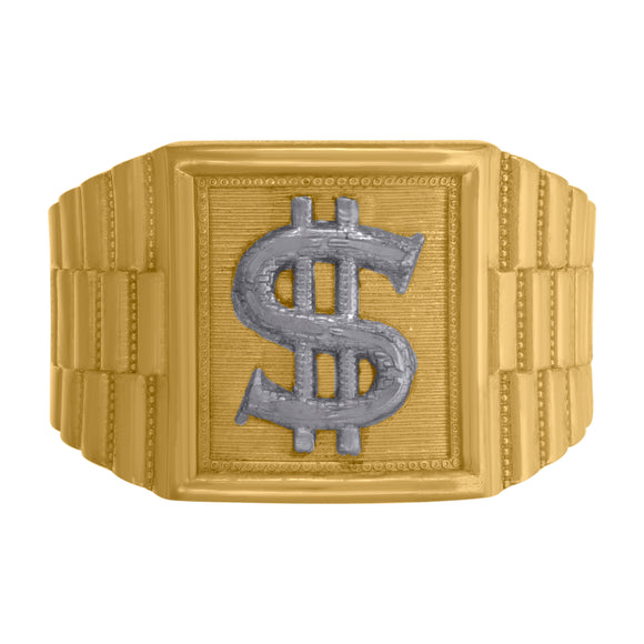10kt Two-tone Gold Mens Textured Dollar Sign Square Head Ring 