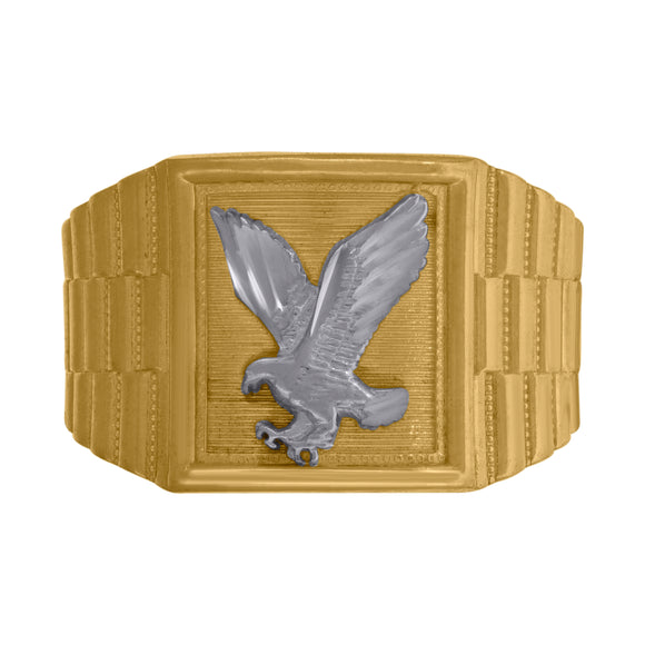 10kt Two-tone Gold Mens Textured Landing Eagle Square Head Ring 