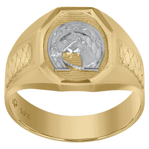 10kt Two-tone Gold Mens DC Textured Horseshoe Oval Signet Ring 