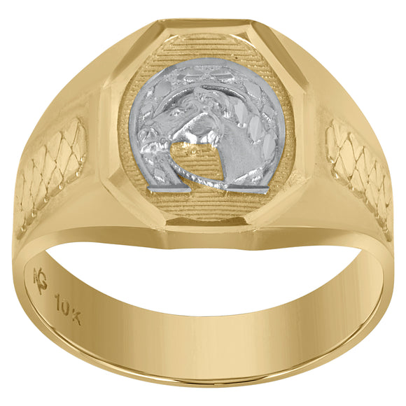 10kt Two-tone Gold Mens DC Textured Horseshoe Oval Signet Ring 